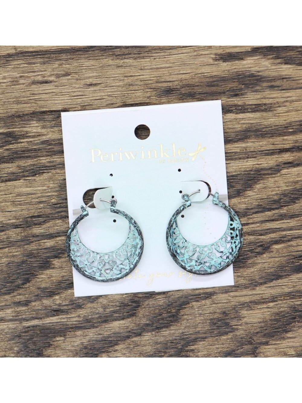 NWT Periwinkle by Barlow Hoop Patina Finish Circular Earrings Aqua Blue Green 1"